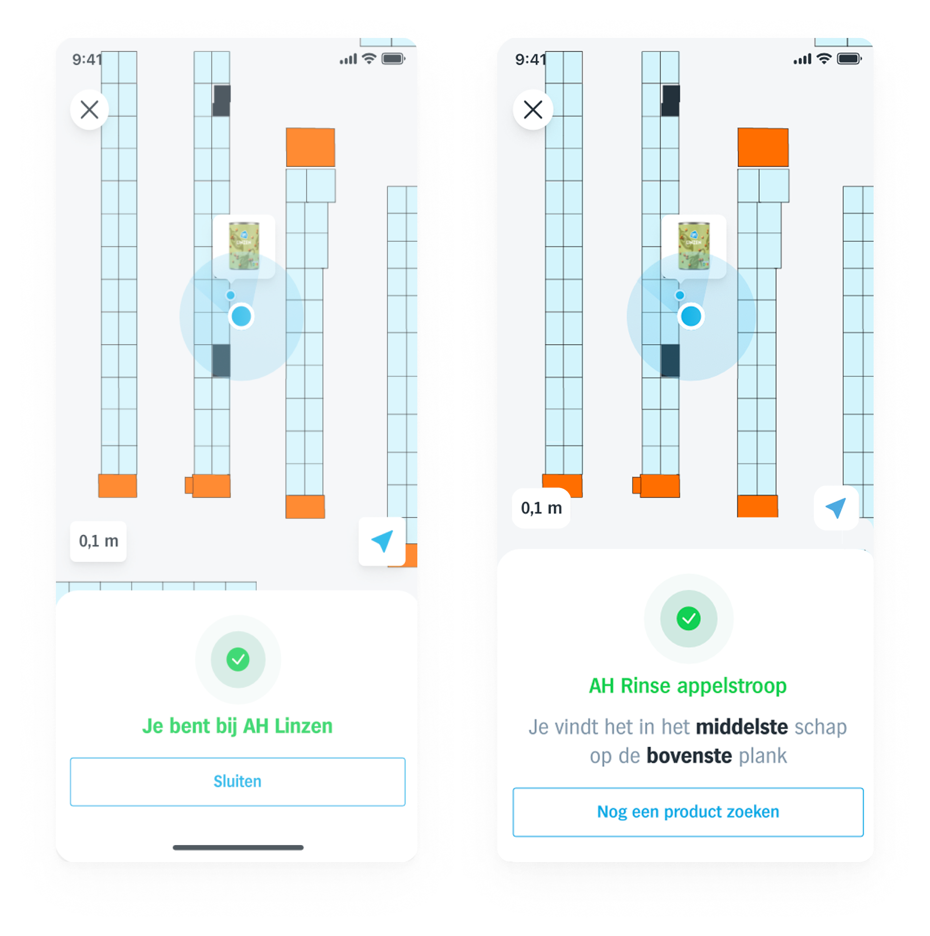 In-store shelf confirmation screens guiding users to the correct product