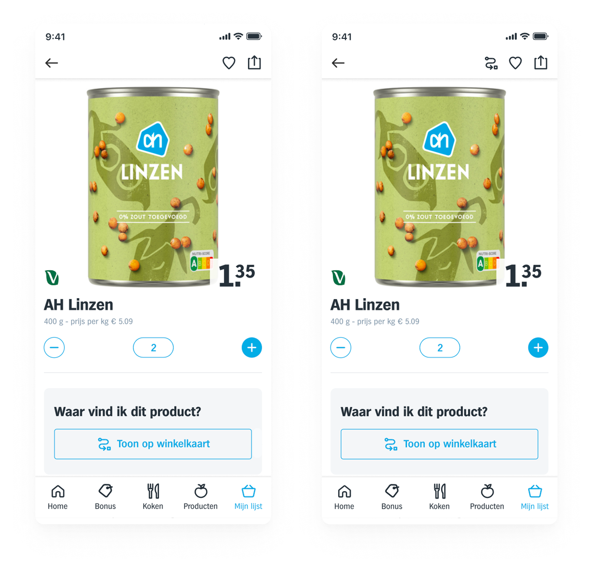 Product detail screens asking 'Waar vind ik dit product?'