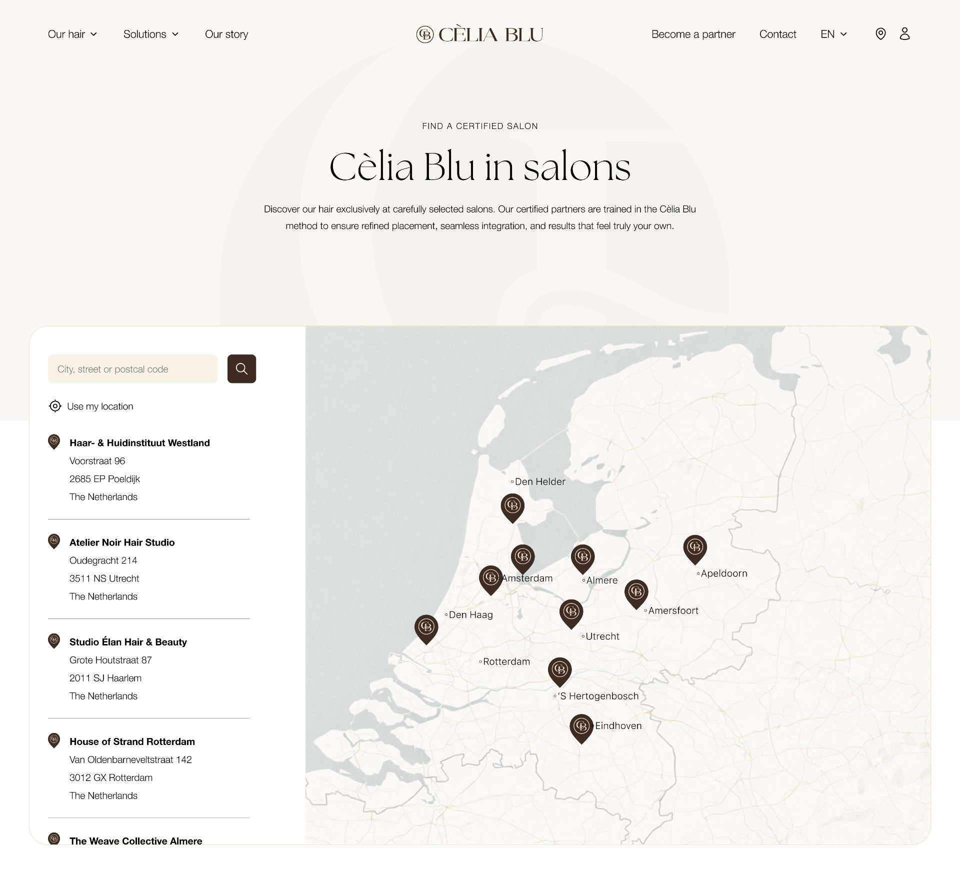 Cèlia Blu partner locator with search, location-based results and interactive map
